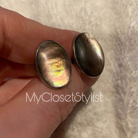 MidCentury Mod Black Mother of Pearl GQ Cufflinks! Cats Eye MOP Silver RARE VTG - Picture 2 of 4